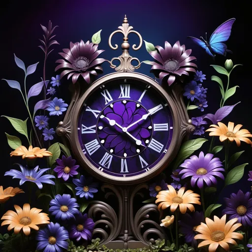 Prompt: (magical clock), surrounded by a vibrant flower garden, (dark color tone), showcasing deep purples and midnight blues, a serene atmosphere with soft, ambient lighting, intricate clock details glowing subtly, flourishing blooms gently swaying, moody shadows playing, (ultra-detailed), inviting tranquility and mystery. Emphasizing the enchanting blend of nature and time in harmony.