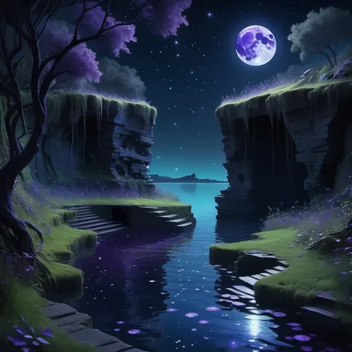 Prompt: abandoned ethereal pools near a cliff, (starry night sky), shimmering stars and a silvery moon reflecting on water, eerie yet tranquil atmosphere, shadows cast by the cliff's edge, overgrown grass and creeping vines, deep blues and vibrant purples emphasizing the night, (ultra-detailed), serene and haunting ambiance, subtle ripples in the water, enchanted feel, dreamy landscape