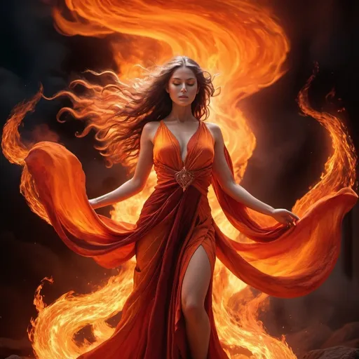 Prompt: (goddess amidst fiery flames), vibrant colors, (intense orange and red hues), ethereal aura, powerful pose, flowing robes flickering with flames, hair cascading like molten lava, dramatic shadows cast by the flames, a celestial background glowing with ember light, high resolution, ultra-detailed, cinematic atmosphere, dynamic and mesmerizing scene, evoking feelings of strength and divinity.