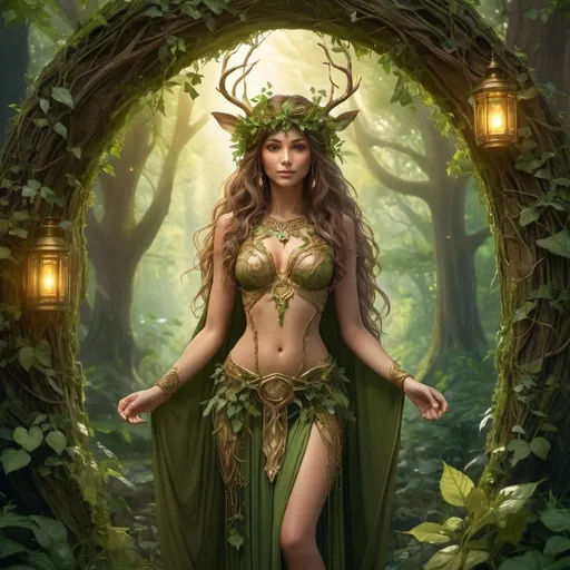 Prompt: (forest goddess standing in front of a magical portal ), enchanting full-body figure surrounded by lush greenery, intricate floral crown, stern facial expression, lantern staff,  delicate ivy draping on her shoulders, soft golden light filtering through the trees, vibrant shades of green and earthy browns, tranquil and mystical atmosphere, detailed texture of leaves and bark, (4K) ultra-detailed, serene aura reflecting nature's harmony, vibrant wildlife softly blending into the scene.