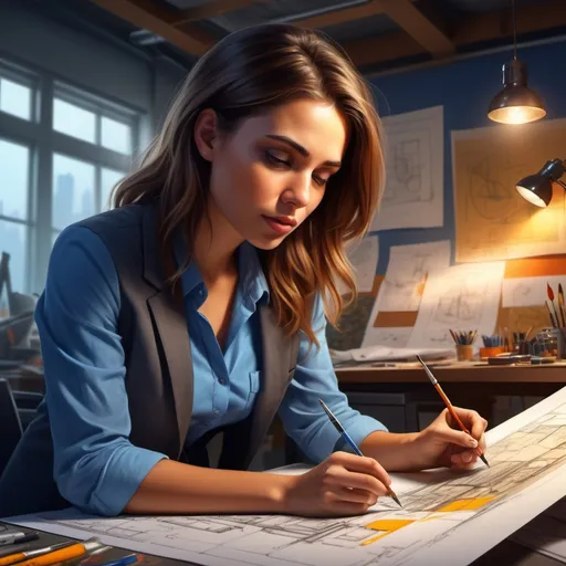 Prompt: (painting of an engineer looking at the blueprint ),intense focus on her tasks, detailed tools and blueprints around, (vibrant colors), warm lighting illuminating her face, atmosphere of determination and passion, intricately designed workspace in the background, professional attire, (HD), artistic masterpiece showcasing dedication and creativity.