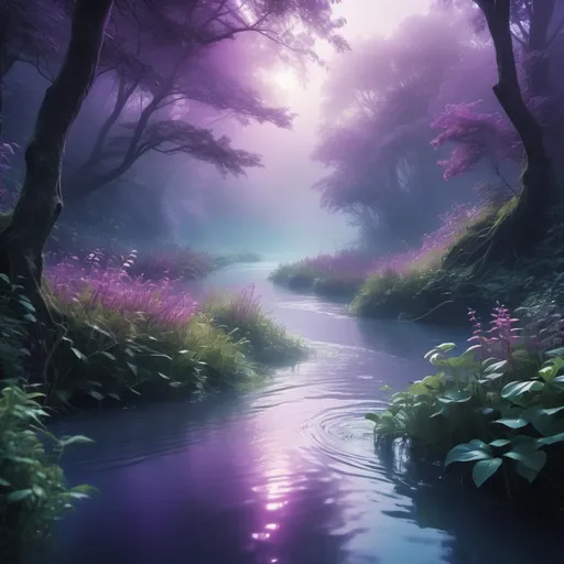 Prompt: Enchanting river (purple tone), ethereal and mystical atmosphere, soft light reflecting on water, surrounded by lush greenery, gently flowing currents, atmospheric mist rising, tranquil and serene ambiance, dreamy landscapes, vibrant purple hues intermingling with hints of blues and pinks, 4K, ultra-detailed, capturing a fairy-tale quality.