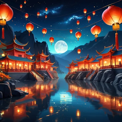 Prompt: (breathtaking Chinese lantern festival painting), vibrant colored lanterns glowing against the night sky, (serene cliffside landscape), enchanting atmosphere filled with warmth and joy, soft flickering light illuminating the surrounding nature, scattered night stars, whimsical details of lantern designs, lovely reflections on the water below, (highly detailed), beautifully compositions, 4K quality, magical ambiance.