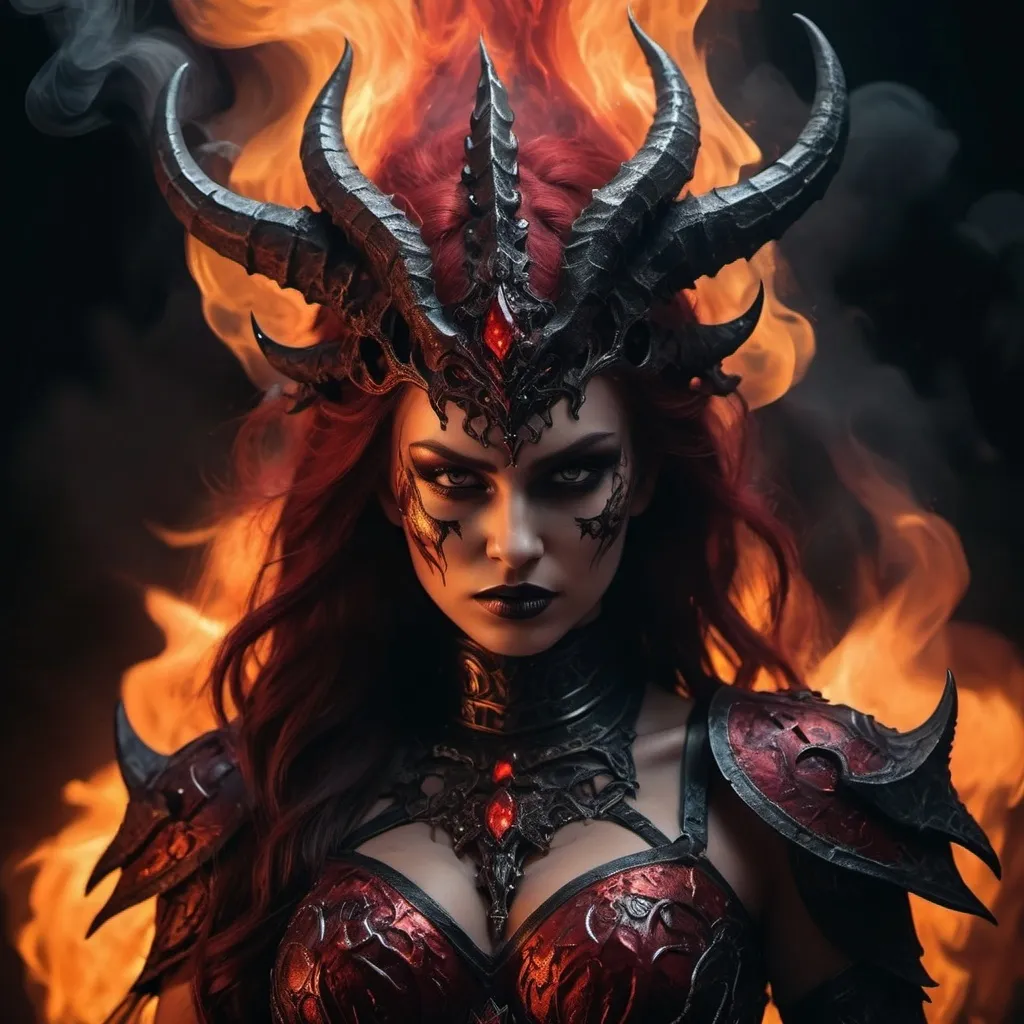 Prompt: (Goddess of Hell), fierce and commanding, (fiery red and dark tones) encircling shadows, (intense glowing flames) illuminating her regal, demonic features, adorned with dark metallic armor, surrounded by eerie smoke and embers, (highly detailed) with ominous presence, captivating yet terrifying aura, (ominous atmosphere) invoking a sense of power and mystery, (4K), ultra-detailed artistry, dramatic lighting enhancing the monstrous beauty of the figure in the chaotic surroundings.