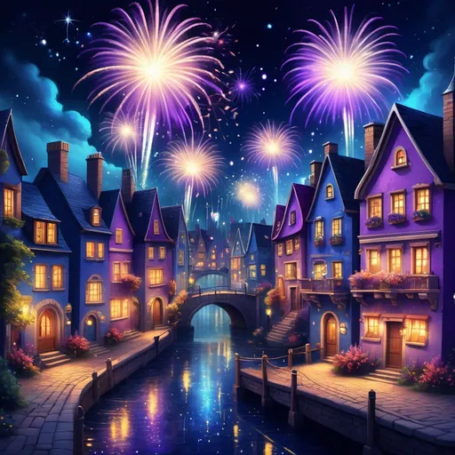 Prompt: (fantasy scene) vibrant firework display over a quaint town, illuminating the night sky, (cool color scheme) deep blues and purples, scattered sparks of silver and indigo, (whimsical atmosphere) enchanting ambiance filled with awe and excitement, (detailed architecture) charming houses with illuminated windows, stars twinkling in the backdrop, (HD, ultra-detailed).