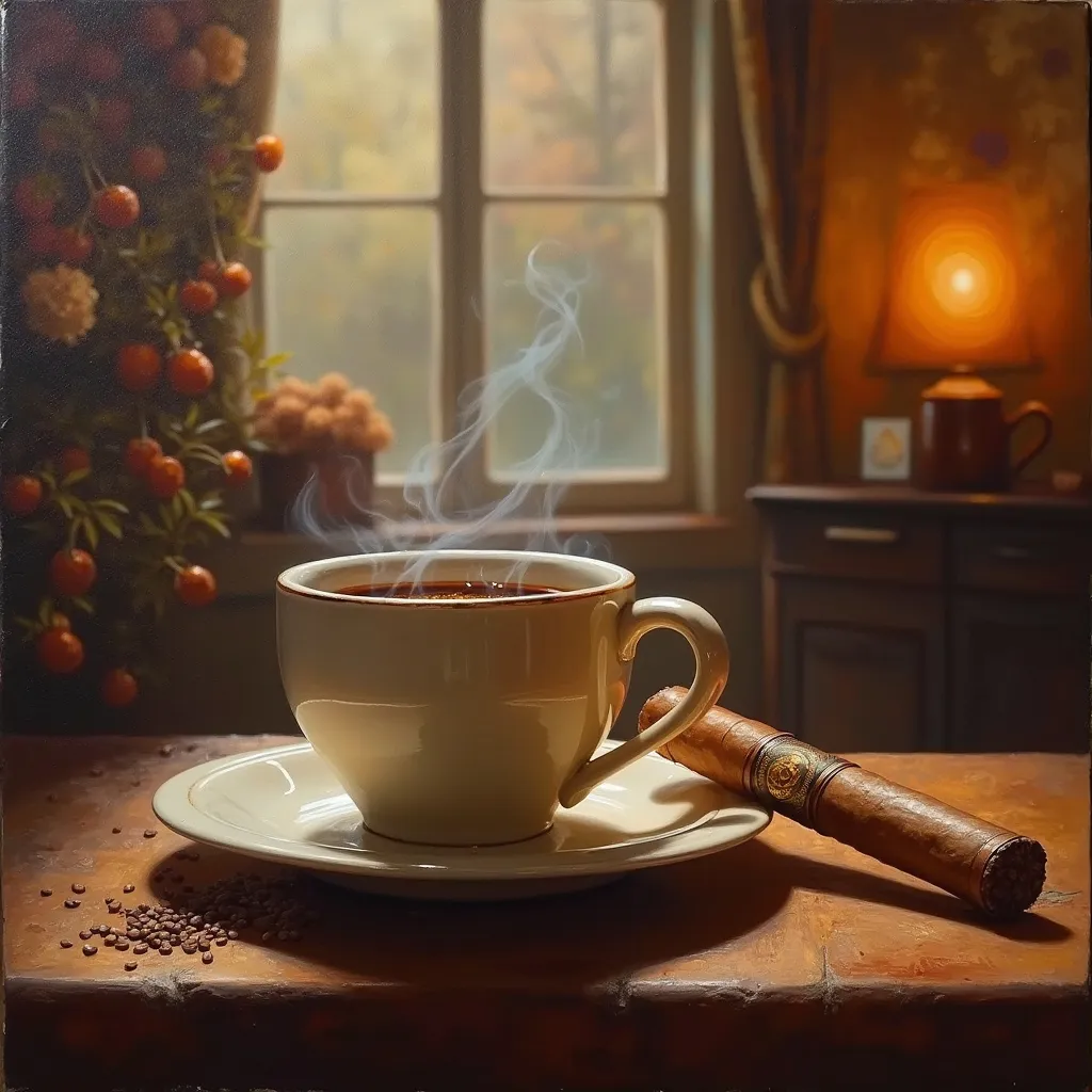 Prompt: oil painting of hot coffee alongside a cigar with glowing embers, inviting ambiance, cozy cafe setting in the background with soft-focus details, warm earth tones, leisurely atmosphere, ultra-detailed, high-quality masterpiece, serene and enjoyable setting.