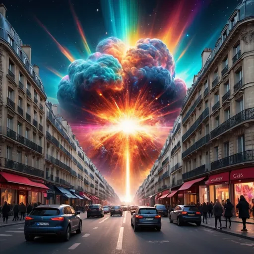 Prompt: (Futuristic supernova explosion), vibrant colors, dazzling light bursts, dynamic energy, Parisian street, cars, modern architecture, people in awe, strong contrasts, intense luminosity, cinematic atmosphere, captivating celestial visuals, ultra-detailed, immersive scene, starry sky, blending of urban life and cosmic events, gas clouds a glowing spectrum, adding a sense of wonder.