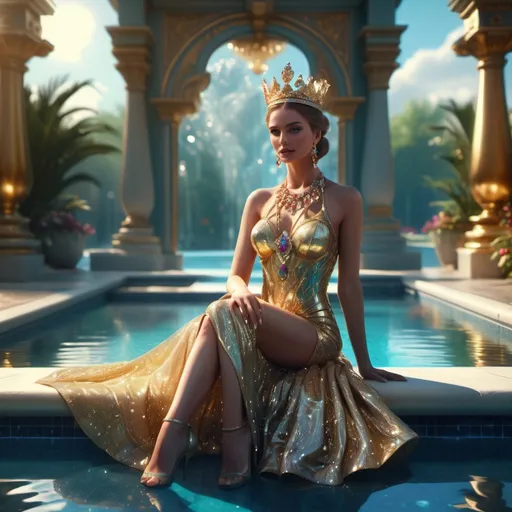 Prompt: Glamorous queen sitting majestically (stunning pose) on a shimmering pool, luxurious attire embellished with jewels, radiant beauty exuding elegance, surrounded by sparkling water, sun glinting off the surface, high-class ambiance, vibrant colors reflecting off the pool, serene and enchanting atmosphere, captivating eye for detail, 4K HD, ultra-detailed cinematic masterpiece.