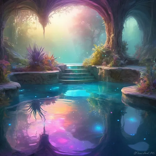 Prompt: Enchanting digital painting of mystical pools, shimmering reflections, vibrant iridescent colors, magical atmosphere, high quality, digital painting, whimsical, ethereal lighting, serene ambiance, surreal, dream-like, mystical pools, vibrant colors, enchanting reflections, high resolution, detailed, fantasy, magical, ethereal lighting