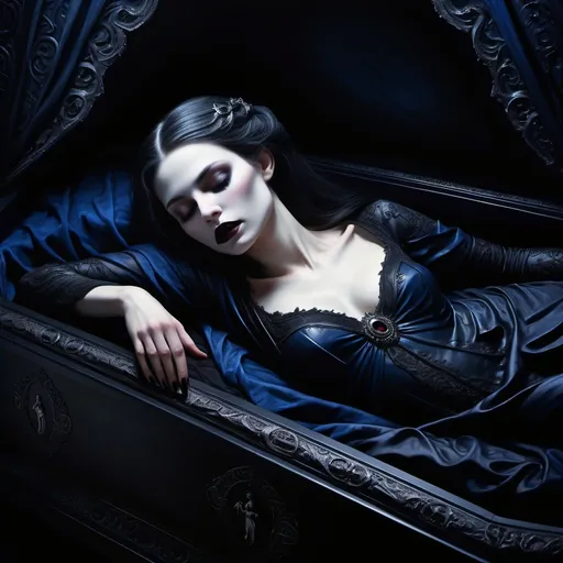 Prompt: (painting), a mystical (vampire), elegantly draped in dark velvet, peacefully sleeping in an ornate black coffin, intricate carvings on the coffin lid, soft moonlight illuminating the room, shadows dancing lightly around, deep hues of midnight blue and black, ethereal and haunting atmosphere, ultra-detailed, captivating and darkly enchanting ambiance, gothic style.