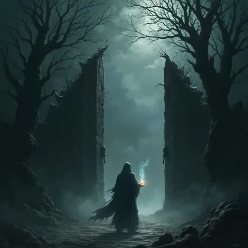 Prompt: Imagine a high-quality painting of a gatekeeper of life and death, standing resolute at a towering, ominous gate forged from twisted iron and ancient stone. The atmosphere is steeped in shadow, with swirling mists that cling to the ground, illuminated by a pale, ghostly light filtering through dark, roiling clouds above. The gatekeeper, clad in tattered robes that blend seamlessly into the darkness, gazes intently with intense, piercing eyes that evoke a sense of both wisdom and foreboding. Ethereal wisps of light dance around their hands, suggesting the delicate balance they maintain between life and death. The backdrop is filled with ancient trees, their gnarled branches reaching out like skeletal fingers, lending an air of eerie serenity. This dark fantasy concept art captures the profound and unsettling equilibrium of existence.