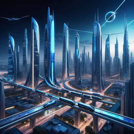 Prompt: futuristic cityscape, (striking blue tones), magical towering skyscrapers with sleek designs, high-tech infrastructure, neon lights illuminating streets, flying vehicles soaring through the air, sleek monorails connected between buildings, dynamic atmosphere filled with innovation, (ultra-detailed), captivating night scene under a starlit sky, harmonious blend of technology and environment, vibrant urban energy, (4K) quality image.