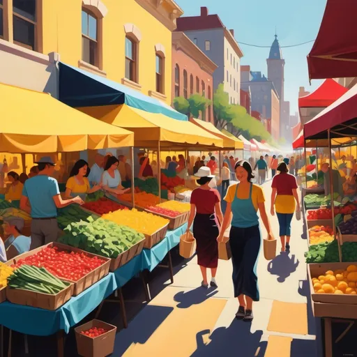 Prompt: (vibrant pop painting), bustling outdoor  market scene, colorful vendor stalls filled with fresh produce and unique crafts, cheerful shoppers, bright flowers, expressive signage, warm sunlight casting shadows, inviting atmosphere, high depth, (vintage market aesthetic), dynamic compositions, lively interactions, ultra-detailed, rich color palette with warm yellows and rich reds.