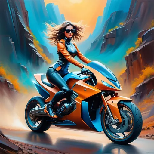 Prompt: futuristic motorbike, a lady striking a dynamic pose, vibrant colors, dramatic lighting, sleek design, high-tech elements, blended with natural surroundings, captivating expression, majestic landscape in the background, showcasing motion and elegance, oil painting, ultra-detailed, masterpiece, immersive atmosphere, captivating ambiance.