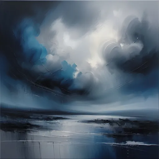 Prompt: abstract painting of a (gloomy day), muted tones, soft gray clouds swirling, delicate splashes of deep blue, blend of rain and stormy hues, texture of thick brushstrokes, somber and introspective atmosphere, soft fading edges, high-quality artwork, (4K resolution), evocative visual experience capturing the essence of melancholy.