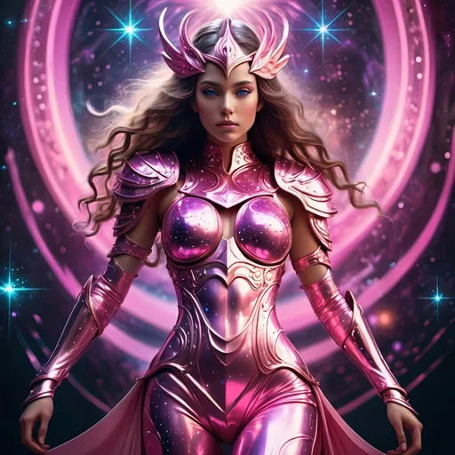 Prompt: (goddess in pink catsuit armor), vibrant colors, sleek design, ethereal atmosphere, high fantasy theme, powerful stance, intricate armor details, cosmic background with sparkling stars, dramatic lighting illuminating the figure, ultra-detailed, majestic and enchanting aura, blending strength and elegance, fantasy aesthetic, mythical elements, captivating composition.