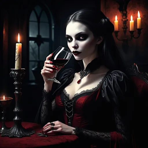 Prompt: (Lady vampire drinking wine), in a dimly lit shadowy setting, (moody atmosphere), detailed features of the vampire, elegant attire with a touch of gothic style, shimmering glass of dark red wine, rich textures, candlelight flickering, (ultra-detailed), deep, dramatic shadows, and an overall eerie yet sophisticated ambiance.