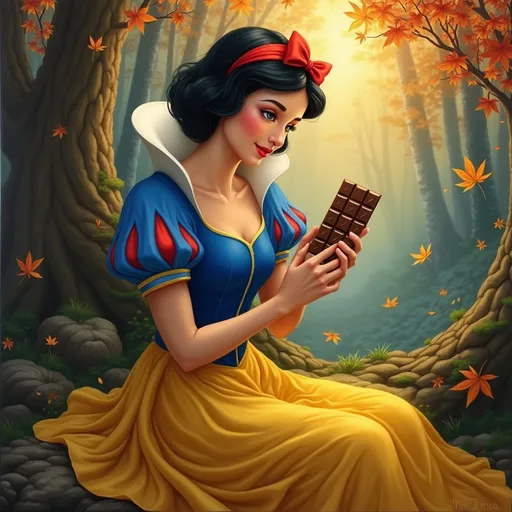Prompt: An enchanting oil painting of Snow White, her porcelain skin illuminated by soft, warm light, as she sits amidst a lush, whimsical forest. The vibrant colors of her classic blue and yellow dress contrast beautifully with the deep greens and browns of her natural surroundings. Delicately holding a luxurious Dubai chocolate bar, she gazes thoughtfully at the treat, a playful smile gracing her lips. Flurries of autumn leaves dance around her in the gentle breeze, hinting at a serene sunset that casts a golden glow across the scene. The rich textures of the painting evoke a sense of warmth and nostalgia, perfectly blending fairy tale charm with a modern indulgence.