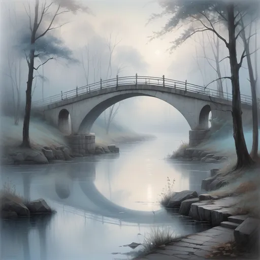 Prompt: (beautiful painting of a majestic bridge in the fog), ethereal atmosphere, muted greys and whites blending with hints of pastel blues, soft brush strokes, serene and tranquil mood, delicate silhouettes of trees in the background, ambient light filtering through the fog, captivating masterpiece, high-resolution, ultra-detailed.