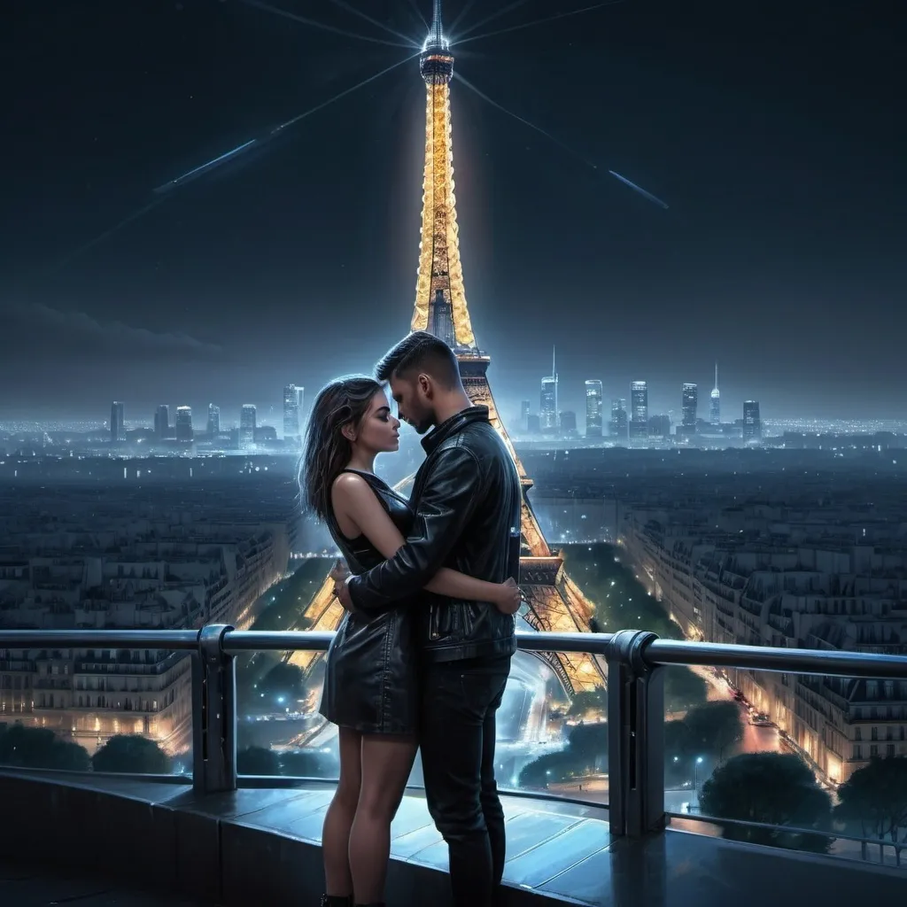 Prompt: Futuristic, Effiel Tower, young couple hugging, high-tech, romantic, sleek design, detailed textures, city lights, atmospheric lighting, ultra-detailed, futuristic, romantic, cyberpunk, sleek, Paris, hugging couple, advanced technology, nighttime, cityscape, professional