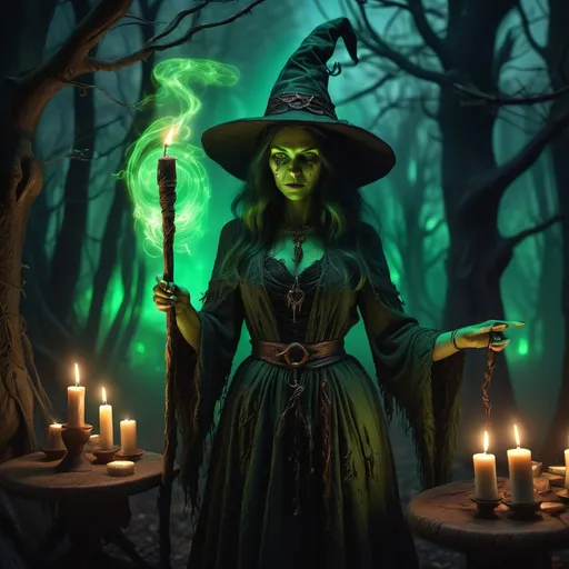 Prompt: (the witch is putting on a curse with her staff), dark and mysterious atmosphere, eerie forest background, glowing green magical energy swirling around, flickering candles casting shadows, (highly detailed) and ornate witch's attire, expressive facial features showing mischief, dramatic lighting highlighting regions of darkness, unsettling ambiance, (ultra-detailed) and vibrant colors, ancient runes etched in the surroundings, strong contrast.