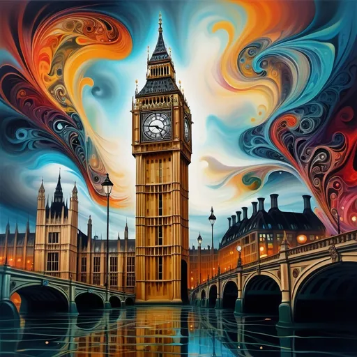 Prompt: (surrealism painting) Big Ben Tower, (dreamlike) distorted perspectives, (vibrant) swirling colors, (otherworldly) floating elements, (abstract) shapes and forms, intricate details, moody atmosphere, whimsical sky, (highly imaginative) landscape, (enchanting) juxtaposition of reality and fantasy, (4K) ultra-detailed, (captivating) visual narrative.