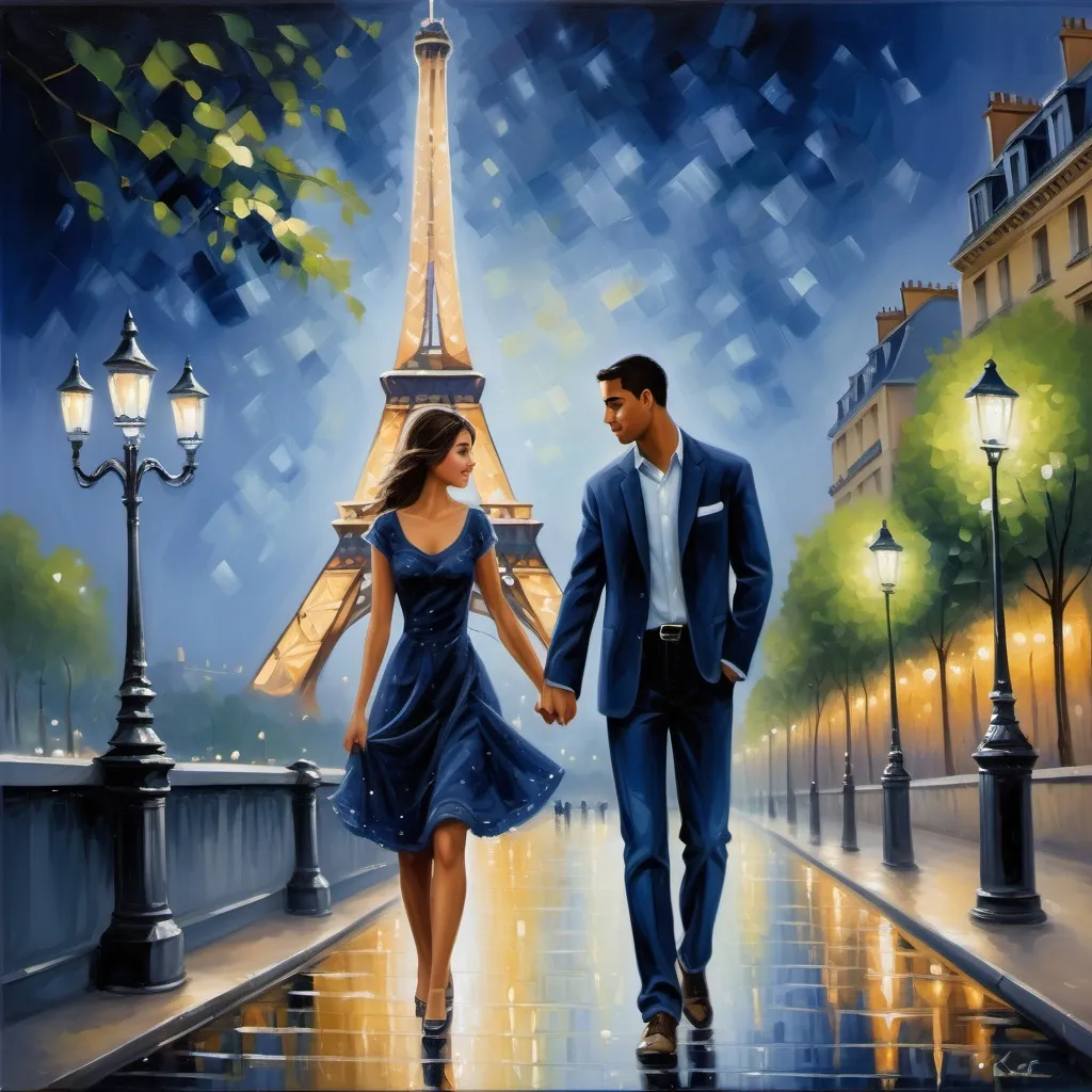 Prompt: oil painting of a young couple near the Eiffel Tower, shimmering navy tones, soft brush strokes, dreamy ambiance, twinkling city lights in the background, emotion-filled expressions, lush greenery surrounding, warm atmosphere, delicate details in clothing, high-quality masterpiece, warm, enchanting light illuminating the scene, creating a sense of timeless romance.
