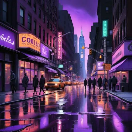 Prompt: New York streets , (enchanting purple tone), (vibrant shades of lavender), bustling city life, (dramatic urban atmosphere), glowing neon signs, detailed city architecture, softly illuminated storefronts, people walking, moody nighttime setting, reflecting puddles on the pavement, high definition, ultra-detailed, atmospheric perspective showcasing city depth.