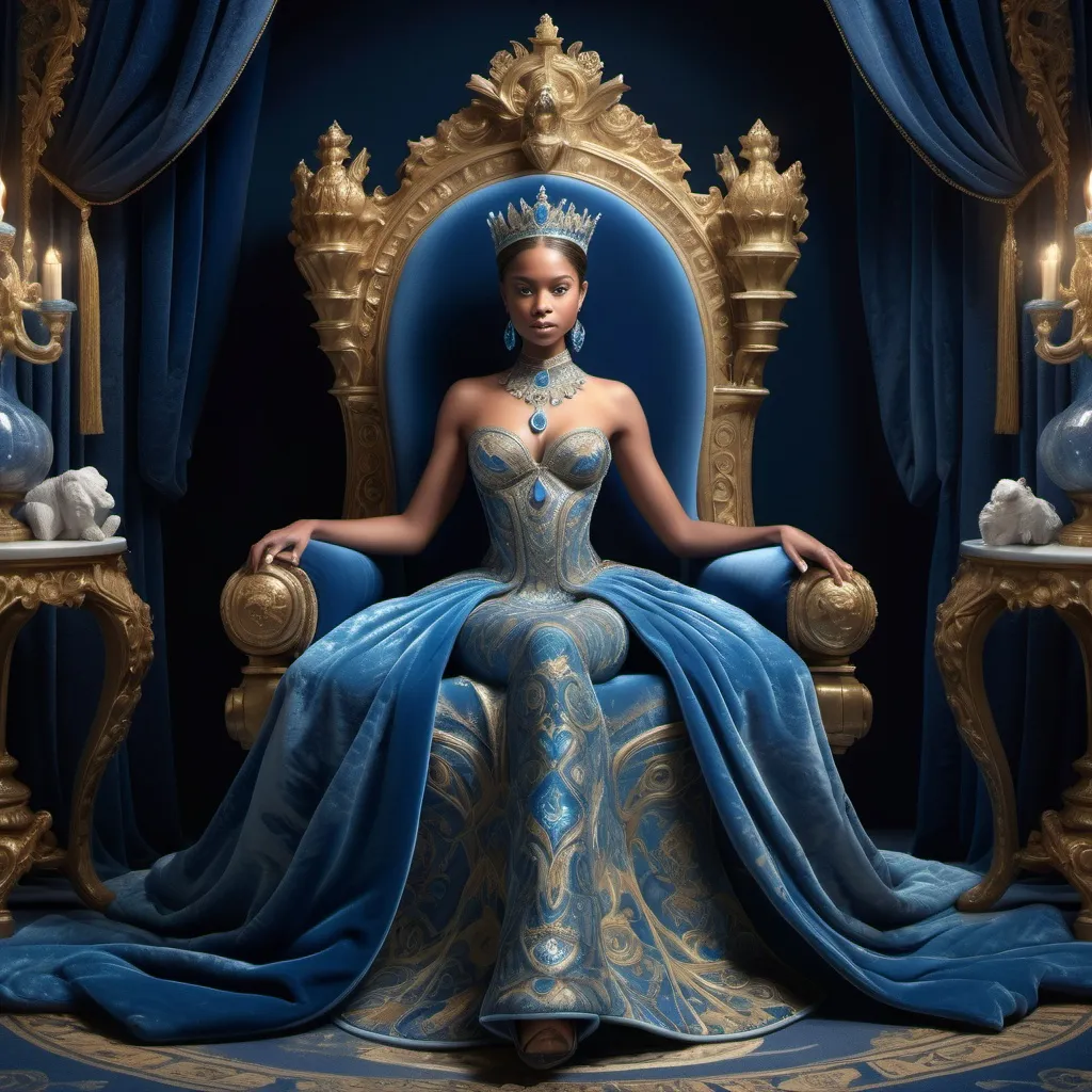 Prompt: A queen on the throne, (regal and majestic pose), adorned in an opulent gown, (intricate designs), radiating authority, (blue hues), surrounded by luxurious accents, (plush velvet), illuminated by ethereal lighting and water , creating a noble and powerful ambiance, (calm yet commanding), intricate details in the throne, mirrored in a high-quality, ultra-detailed 4K format, with a serene background dripping in royal elegance.