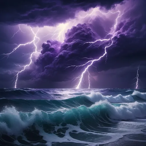 Prompt: (ocean in a magical storm), turbulent waves, glowing mystical storm clouds, lightning with sparkles, dramatic lighting, dark blue and purple hues, illuminated water, vibrant, slightly surreal, whimsical atmosphere, swirling winds, enchanted storm, shimmering rain, sparkling ocean spray, high-constrast, ultra-detailed, cinematic, 4K