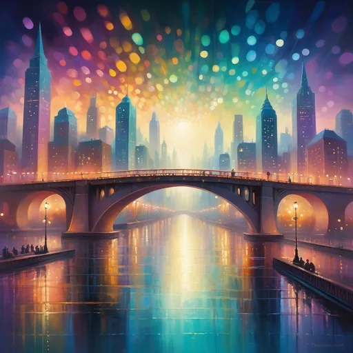 Prompt: Painting of an enchanting metropolis bridge, (stunning architecture), under (vibrant) colorful bokeh sky, (dreamlike ambiance), soft glimmers of light reflecting, (breathtaking depth), sprawling cityscape in the background, cool tones blending seamlessly, ethereal atmosphere, (night scene), ultra-detailed, cinematic, romantic vibe.