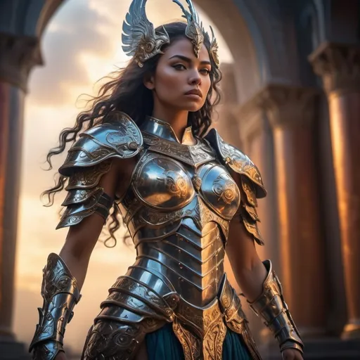 Prompt: (goddess in majestic armor), powerful stance, ethereal glow, intricate detailing of armor, fierce and determined expression, surrounded by a vibrant aura, dramatic lighting, rich textures, monumental empire backdrop, sweeping skies with deep color tones, (epic mood), highly detailed and dynamic composition, 4K, ultra-detailed, cinematic masterpiece.