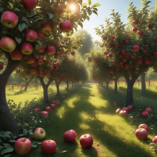 Prompt: The (vibrant) apple garden, lush trees laden with (crimson ripe apples), dappled sunlight filtering through leaves, creating a magical glow, soft grass underfoot, inviting atmosphere, hints of wildflowers blooming alongside, gentle breeze rustling the branches, idyllic scenery, bursting with (life), high detail, (4K), enchanting and serene ambiance.