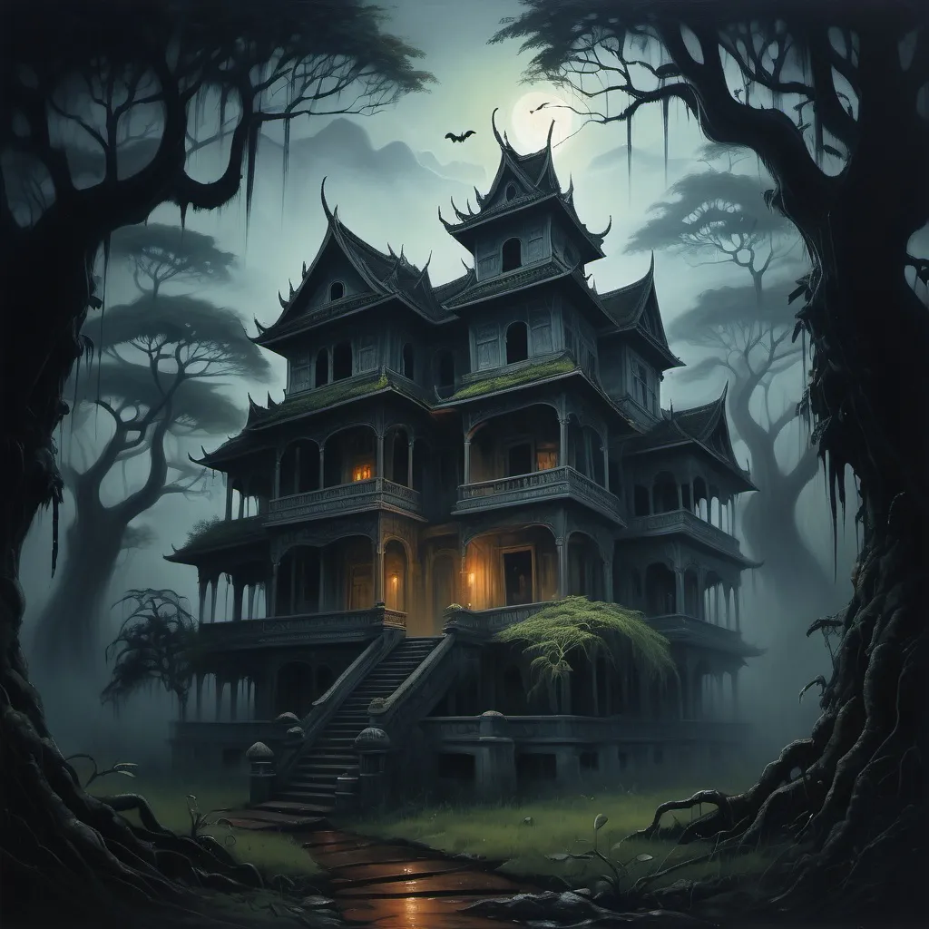 Prompt: (Acrylic painting of a haunted house), eerie architecture, overgrown foliage, (mysterious atmosphere), dim lighting with shadows, (gloomy setting), Thai design elements, foggy surroundings, ancient trees, night-time ambiance, whispering winds, high-quality 4K, cinematic depth, haunting beauty, chilling vibe, unsettling silence, ghostly presence.