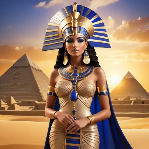 Prompt: Ancient Egyptian queen, detailed headdress adorned with gold and lapis lazuli, elegant flowing gown with intricate hieroglyphic patterns, regal pose exuding grace and authority, the background featuring grand pyramids under a golden sunset, whirls of sand, vibrant warm colors creating an enchanting atmosphere, high definition, ultra-detailed, dramatic lighting emphasizing royal features and accessories.