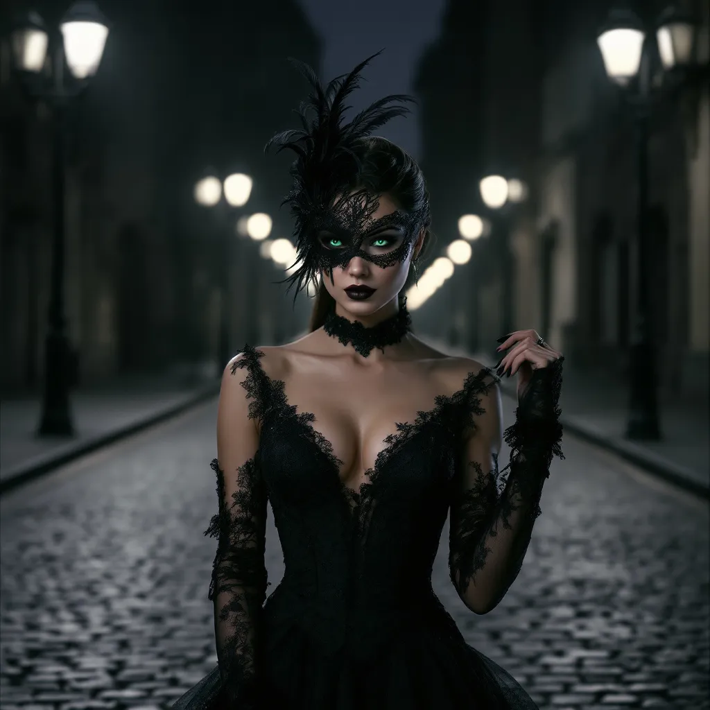 Prompt: An elegant lady in the stunning black dress is standing in the middle of the street; phantom mask covers half of her face. Dark and moody atmosphere. 