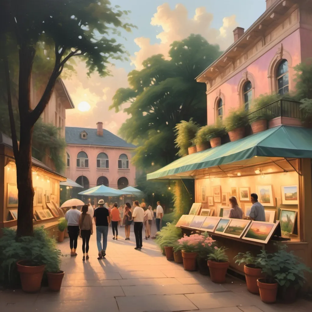 Prompt: Painting of an outdoor art gallery, nostalgic atmosphere, warm golden light illuminating the scene, lush greenery surrounding the gallery, various beautiful artworks displayed, people admiring the art, soft pastel colors give a tranquil feel, vintage-style architecture, cloudy sky creating a moody ambiance, dreamy vibes, tranquil and serene setting, painterly brush strokes, ultra-detailed masterpiece.