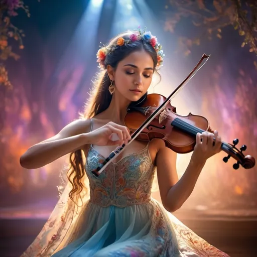 Prompt: (goddess playing the violin), enchanting scene at an annual gathering, ethereal glow surrounding her, serene expressions, flowing attire with intricate patterns, magical atmosphere filled with music, vibrant colors blending in the background, soft evening light casting gentle shadows, spectators entranced by the performance, (ultra-detailed, HD).