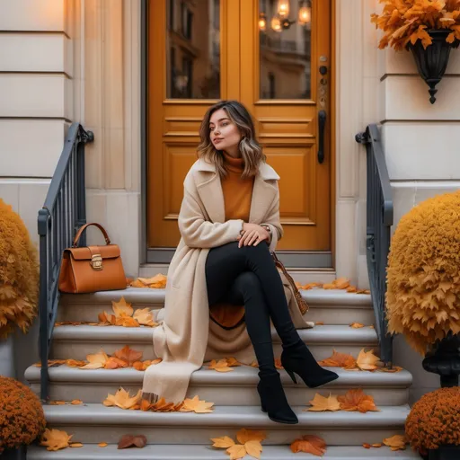 Prompt: (Edgy lady at front steps of the house ), (Parisian autumn), stylish outfit with warm layers, golden and amber leaves swirling, cozy ambiance, rich colors of fall, charming Parisian architecture backdrop, softly glowing lights, HD, inviting atmosphere, gently falling leaves, details like a chic handbag and fall flowers nearby, conveying a sense of warmth and seasonal beauty.