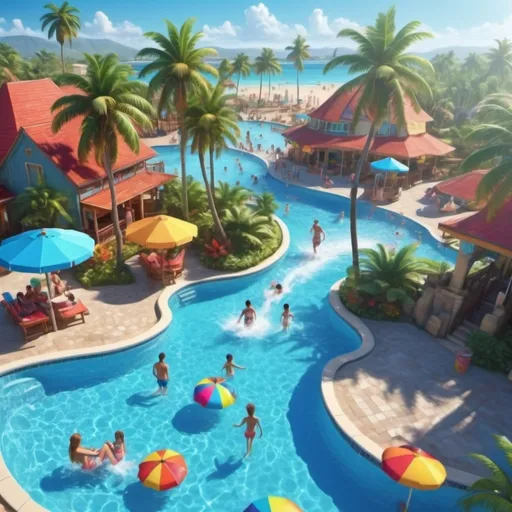 Prompt: (vibrant pool scene), sun-soaked tropical paradise, shimmering water splashing, colorful beach umbrellas, tropical palm trees swaying gently, children laughing and enjoying, exciting water slides in the background, inviting lounges, (highly detailed), (4K quality), cheerful and adventurous ambiance, bright blue sky overhead, sunny day vibe, sense of fun and relaxation.