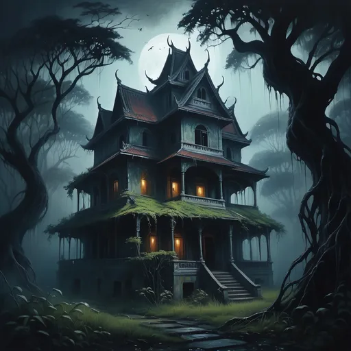 Prompt: (Acrylic painting of a haunted house), eerie architecture, overgrown foliage, (mysterious atmosphere), dim lighting with shadows, (gloomy setting), Thai design elements, foggy surroundings, ancient trees, night-time ambiance, whispering winds, high-quality 4K, cinematic depth, haunting beauty, chilling vibe, unsettling silence, ghostly presence.