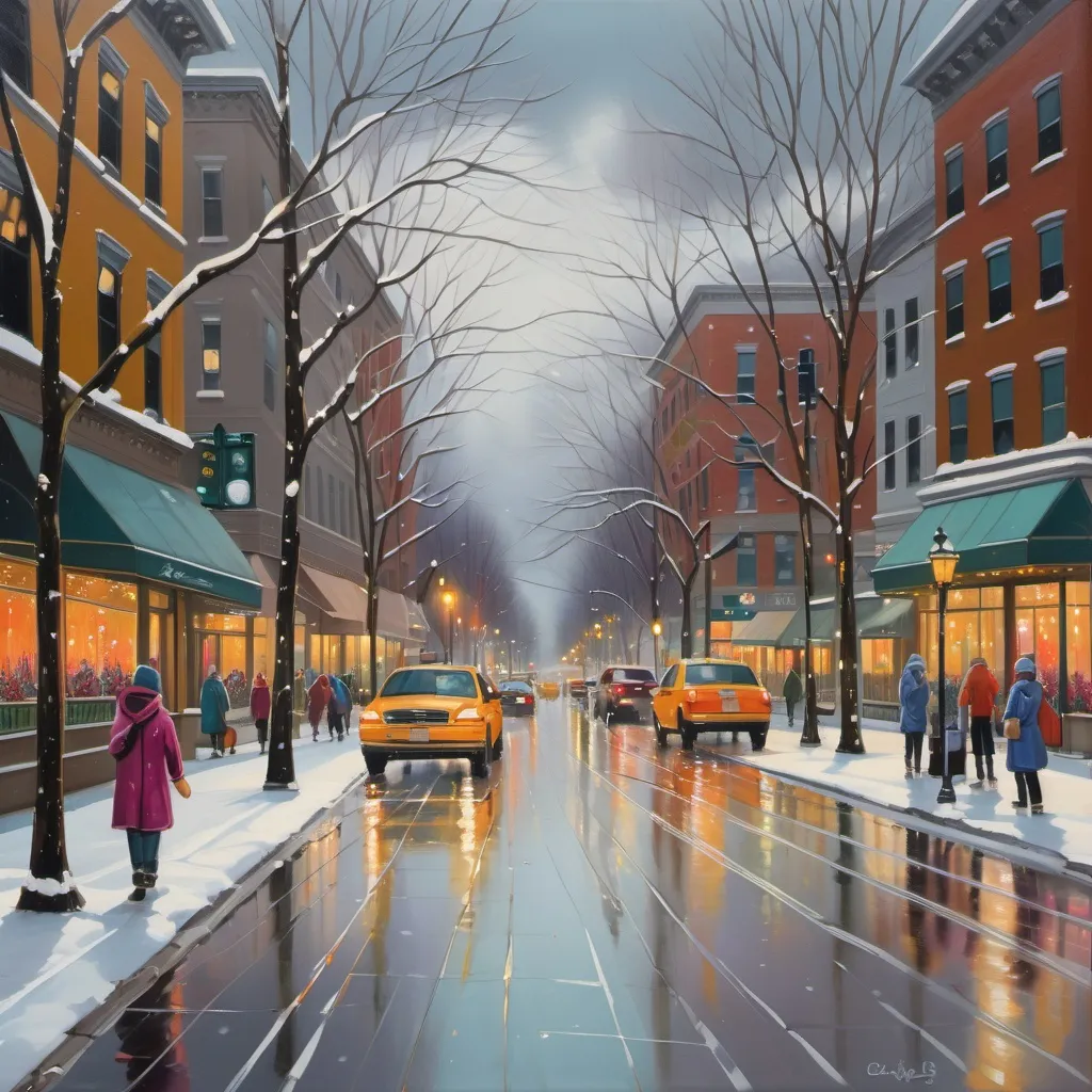 Prompt: A painting of busy streets when snow starts to fall, soft white snowflakes delicately drifting from overcast skies, bustling pedestrians and cars in colorful winter clothing, warm glow of streetlights casting a cozy ambiance, reflections on the wet pavement accentuating the lights, intricate snow-laden trees lining the avenues, masterful brushstrokes depicting a serene yet lively urban scene, oil painting, ultra-detailed, soothing winter atmosphere.
