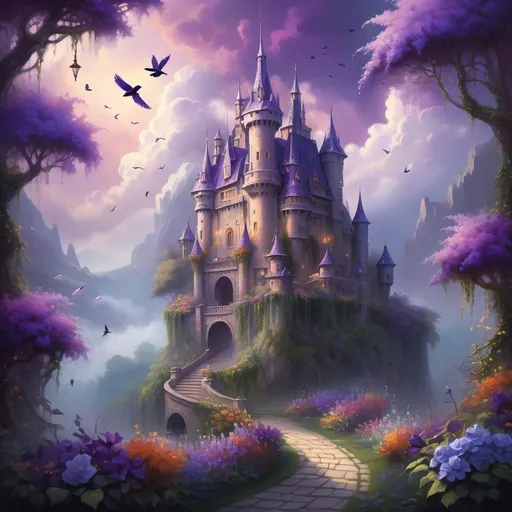 Prompt: (fantasy painting), majestic castle nestled in a blooming garden, rich purple tones, ethereal lighting illuminating the scene, vibrant flora intertwined with ivy, serene atmosphere, birds perched on delicate branches, mist rising softly in the background, whimsical clouds drift above, ultra-detailed and enchanting, cinematic depth, magical ambiance.