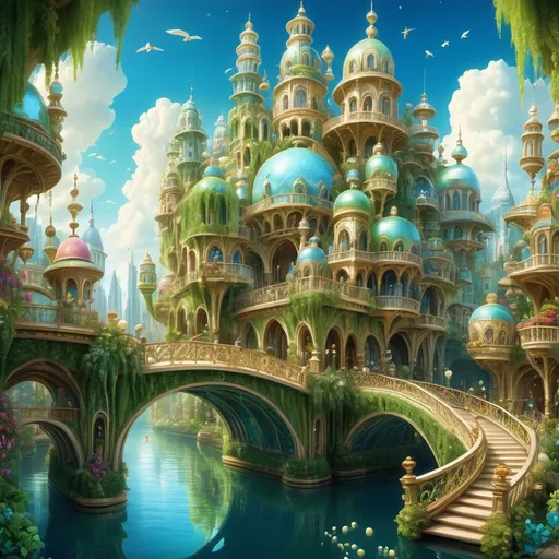 Prompt: (magical city of pearls), (fantastical architecture), shimmering pearl structures, ethereal glow, clear blue skies, vibrant colors, tranquil atmosphere, opulent details, lush green surroundings, whimsical bridges, sparkling waterways, populated with joyful inhabitants, intricate designs, ultra-detailed, high-quality, cinematic masterpiece, enchanting ambiance, dreamlike scene.