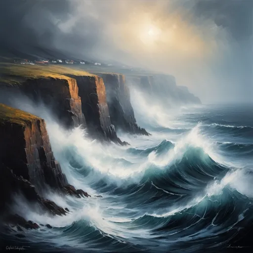 Prompt: Foggy cliff with strong waves, oil painting, dramatic sea spray, misty atmosphere, high contrast, high quality, impressionist, cool tones, intense lighting, rugged textures, powerful waves crashing, atmospheric, moody