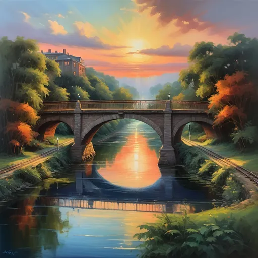 Prompt: (A breathtaking oil painting of the bridge ), breathtaking perspective, stunning details, lush greenery surrounding the structure, reflective waters below, vibrant colors with warm tones of sunset, rich blues of the sky, impression of movement from passing trains and vehicles, atmospheric mood with a blend of urban charm and nature, ultra-detailed, captivating composition.