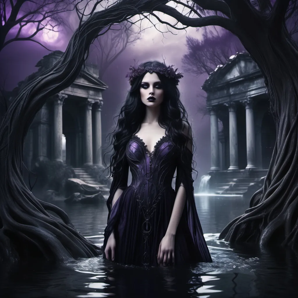 Prompt: (siren in the water ), gothic style, enchanting beauty with an air of mystery, flowing hair adorned with intricate accessories, dark flowing gown blending into shadows, soft yet eerie glowing light, detailed background featuring ancient ruins and twisted trees, haunting ambiance, rich and deep color tones with blacks and purples, ultra-detailed, enchanting allure, creating a captivating yet haunting vibe.