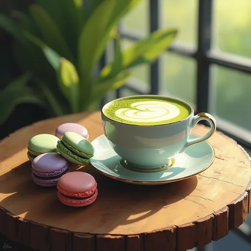 Prompt: A stunning oil painting showcasing a creamy matcha latte in an elegant porcelain cup, rich, deep greens swirling delicately atop frothy white foam. The latte rests on a rustic wooden table, surrounded by an array of colorful macarons, their pastel hues of mint green, lavender, and soft pink gleaming under warm, inviting sunlight streaming through a nearby window. The background is softly blurred, featuring a hint of lush greenery outside, suggesting a serene café ambiance. Gentle, diffused shadows play across the scene, enhancing the rich textures of the macarons and the glossy surface of the latte. The atmosphere feels cozy and inviting, evoking a sense of indulgence and tranquility.