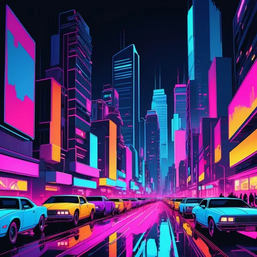 Prompt: (vibrant pop art cityscape), vivid neon colors, electric blues and pinks, (night scene), bold outlines and flat colors, bustling streets filled with sleek cars, illuminated buildings, large billboards with eye-catching graphics, urban atmosphere, playful and energetic vibe, high contrast, striking visuals, (detailed skyline), 4K ultra-detailed, captivating night life