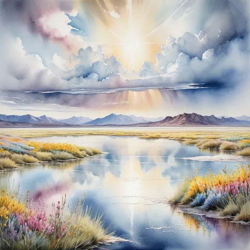 Prompt: (opulent watercolor painting) of a salt lake, glistening under a (brilliant sun), capturing shimmering reflections, delicate textures of crystalline salt, surrounded by (vibrant wildflowers), soft pastel tones merging with (stormy clouds) above, creating a tranquil yet dramatic atmosphere, enchanting scenery, (highly detailed), natural beauty, peaceful vibe, embodying serenity, evocative landscape, inviting viewer to experience.